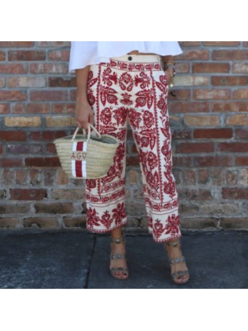 Zara Embroidered Red & Cream Pockets Wide-Leg High Waist Cropped Pants Bohemian